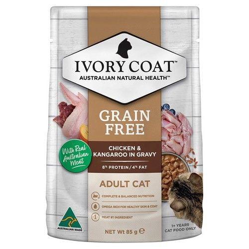 IVORY COAT Cat Adult Chicken Kangaroo Gravy Pouch 85g (12)