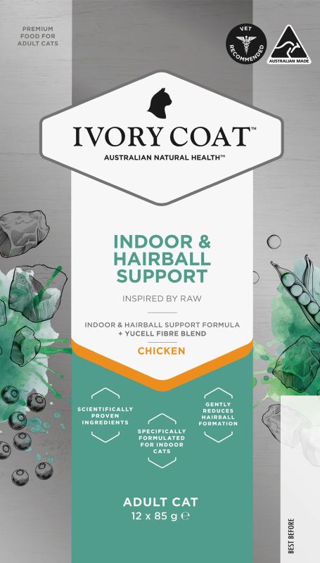 IVORY COAT Cat RAW INDOOR & HAIRBALL Chicken 85g (12)