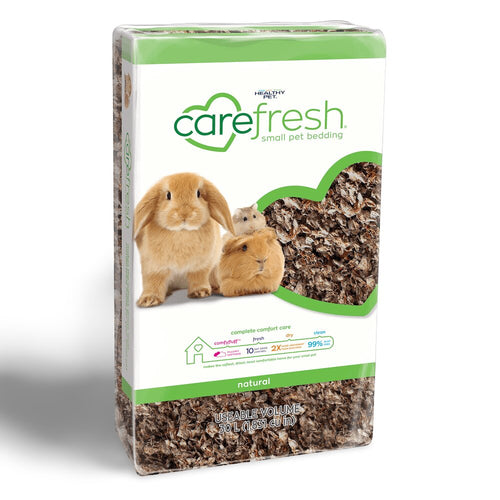 Natural pet bedding in a 30L Carefresh Complete container, showcasing soft, eco-friendly bedding material for small pets.