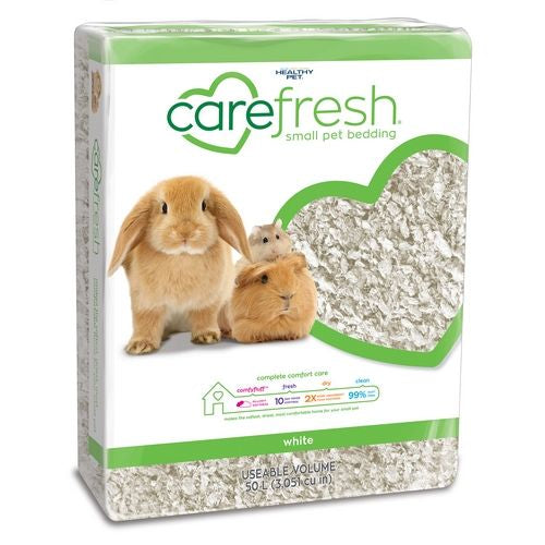 White Carefresh Complete bedding in a 50L bag, ideal for pet cages, with soft, absorbent wood pulp material.