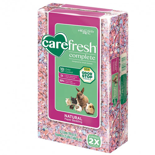 Carefresh Complete Confetti 23L pet bedding with colorful shredded paper for comfortable, absorbent animal habitat.
