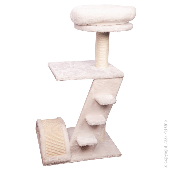 PET ONE Scratching Tree Tower w Bed Platform & Scratcher w Steps 48x40x90cm Whit