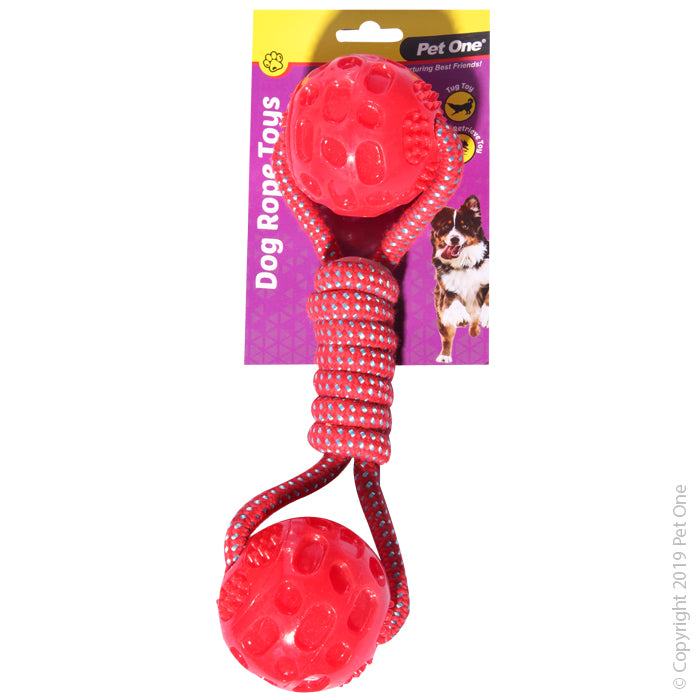 PET ONE Dog Toy Rope With Dumbell TPR Balls Red 28cm