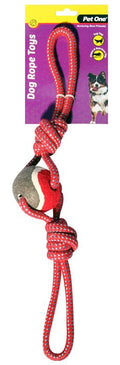 PET ONE Dog Toy Rope 2 Way Tug With Tennis Ball Red/Blue 49cm