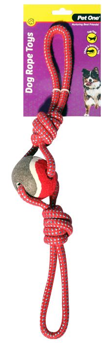 PET ONE Dog Toy Rope 2 Way Tug With Tennis Ball Red/Blue 49cm