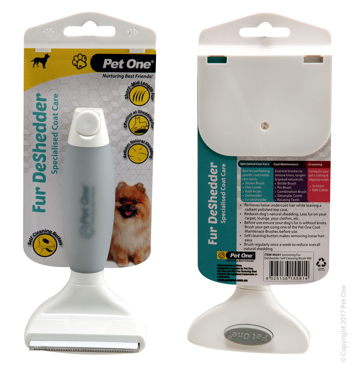 PET ONE Grooming Fur DeShedder Self Cleaning Brush Md Premium Handle