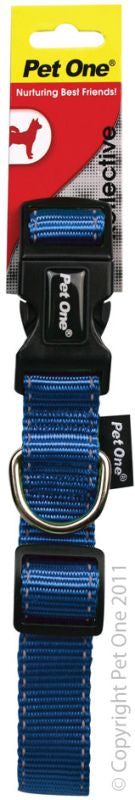 PET ONE Collar Nylon Refl Adj 17 To 26cm 10mm Blue