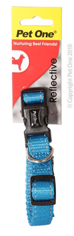 PET ONE Collar Nylon Refl Adj 24 To 37cm 15mm Aqua