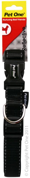 PET ONE Collar Nylon Refl Adj 40 to 65cm 25mm Black