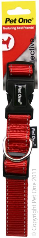 PET ONE Collar Nylon Refl Adj 40 to 65cm 25mm Red
