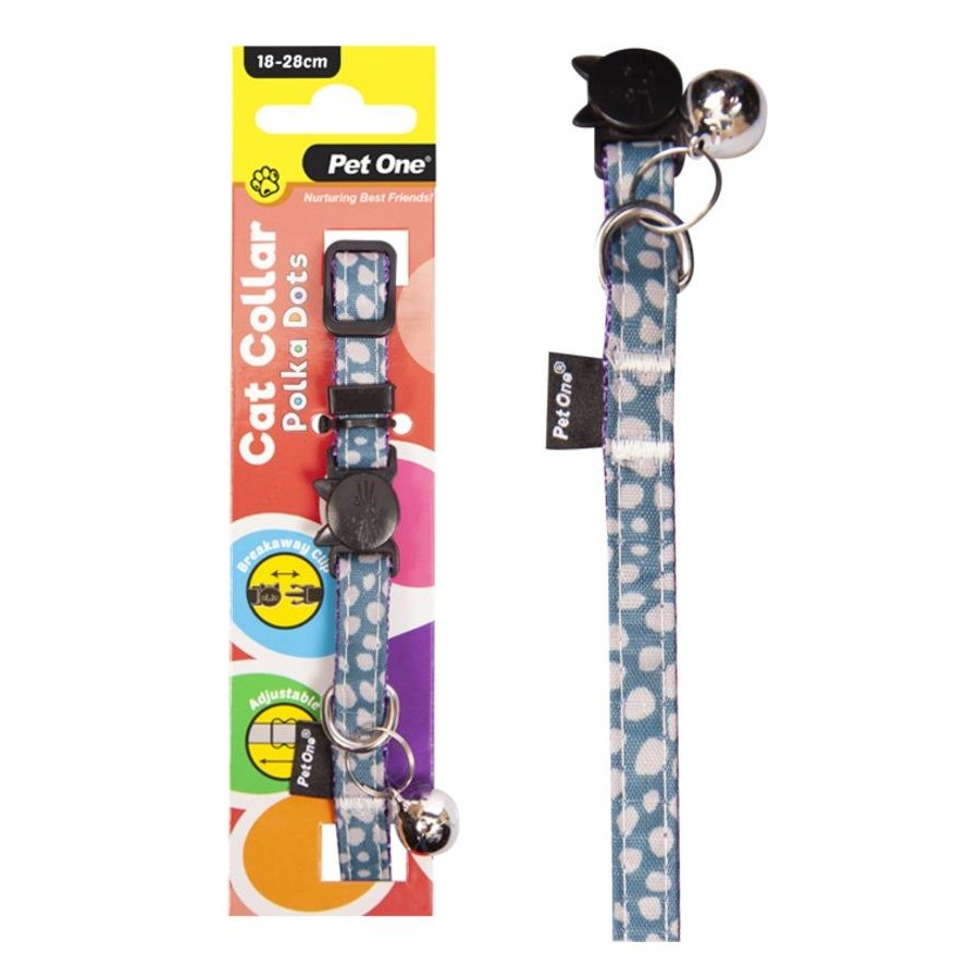 PET ONE Cat Collar Nylon 18-28cm 10mm POLKA DOTS LIGHT BLUE