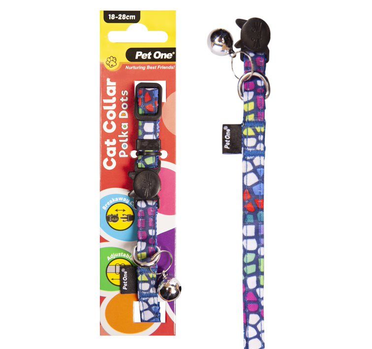 PET ONE Cat Collar Nylon 18-28cm 10mm POLKA DOTS MULTI