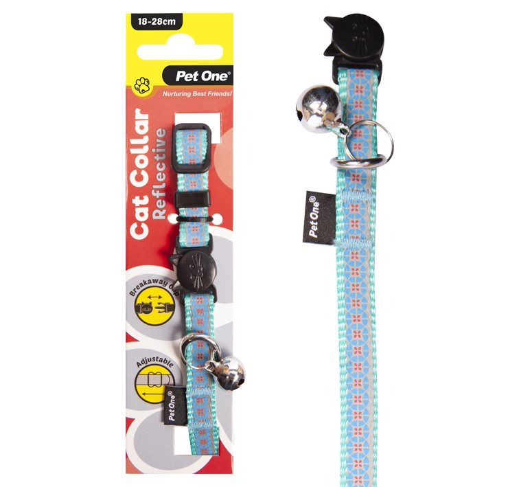 PET ONE Cat Collar Nylon 18-28cm 10mm REFLECTIVE AQUA