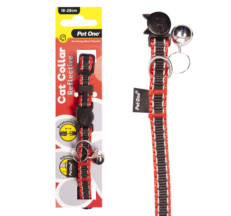 PET ONE Cat Collar Nylon 18-28cm 10mm REFLECTIVE BLACK RED