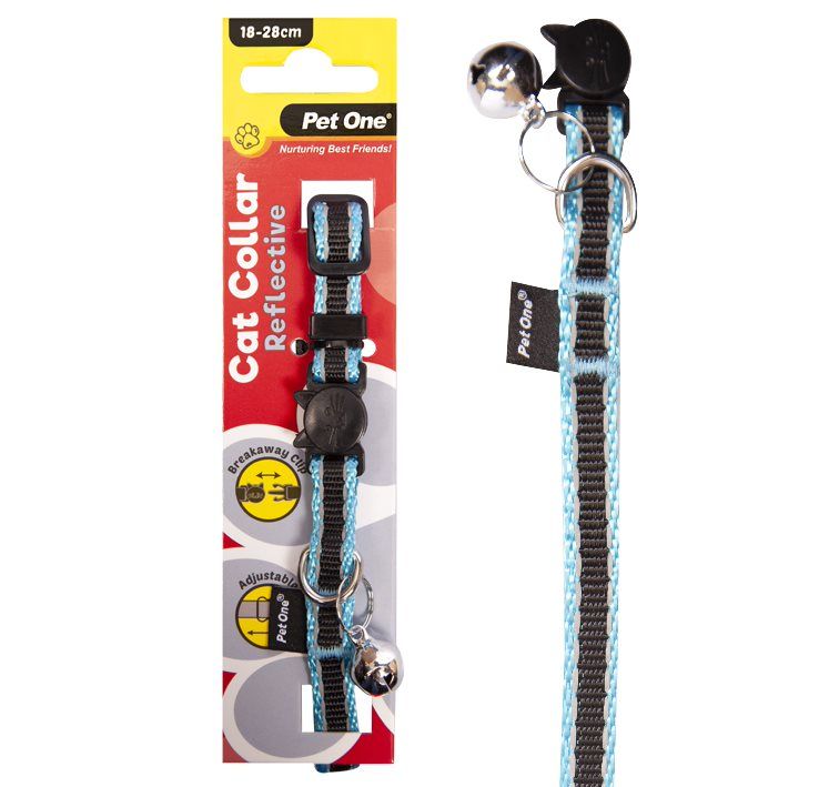 PET ONE Cat Collar Nylon 18-28cm 10mm REFLECTIVE BLACK BLUE