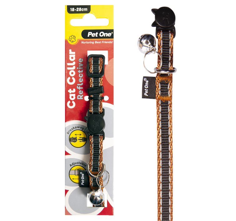 PET ONE Cat Collar Nylon 18-28cm 10mm REFLECTIVE BLACK BROWN