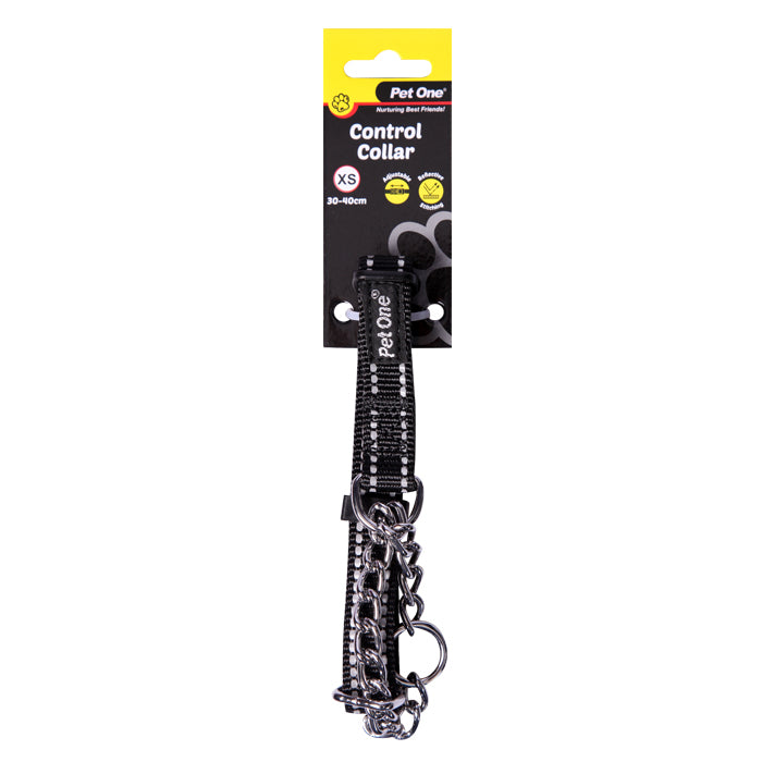 PET ONE Control Collar Nylon With Chain Adj 30-40cm 15mm Black