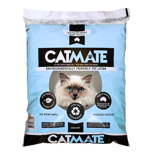 Pet Supplies Perth WA Catmate pet litter pellets in a 15kg bag, designed for effective odor control and easy cleaning.