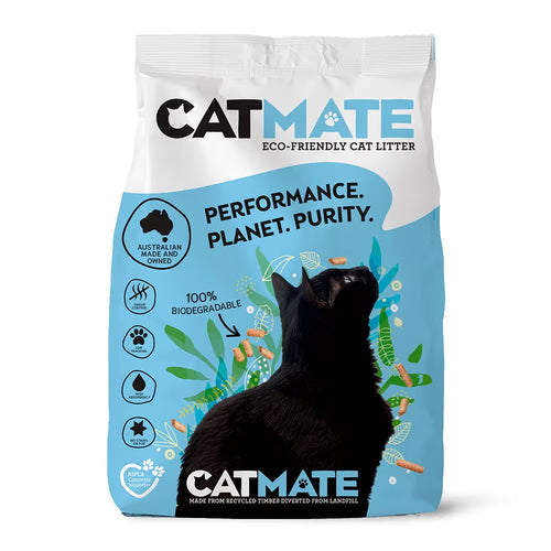 Pet Supplies Perth WA Catmate wood pellet litter in a 7kg bag, showing natural wood pellets for cat litter.