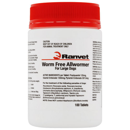 Ranvet Worm Free Allwormer Large 25kg 100 Tablets